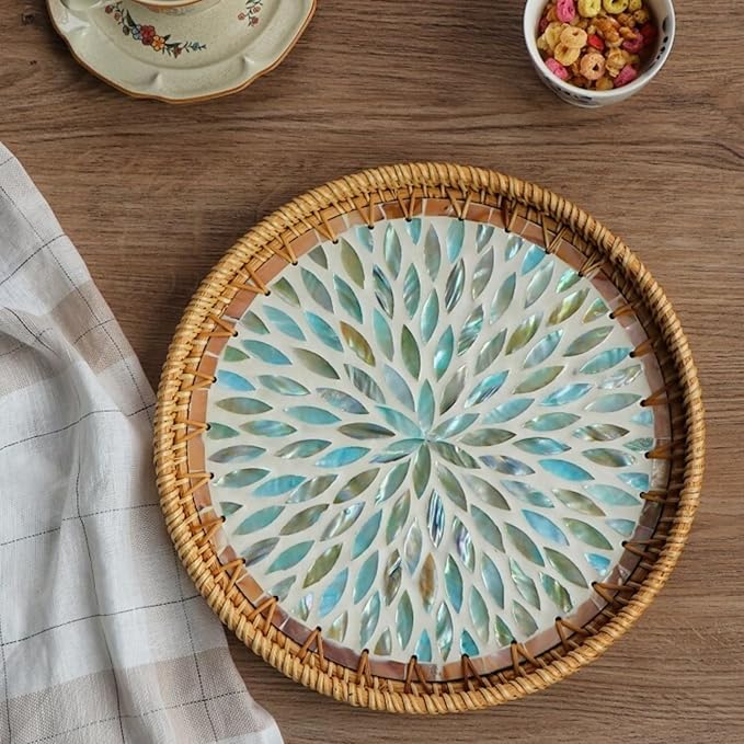 14" Large Rattan Serving Tray with Mother of Pearl, Round Coffee Table Tray Decor, Boho Decorative Round Hand-Woven Wicker Home Decor (Galaxy Blue)