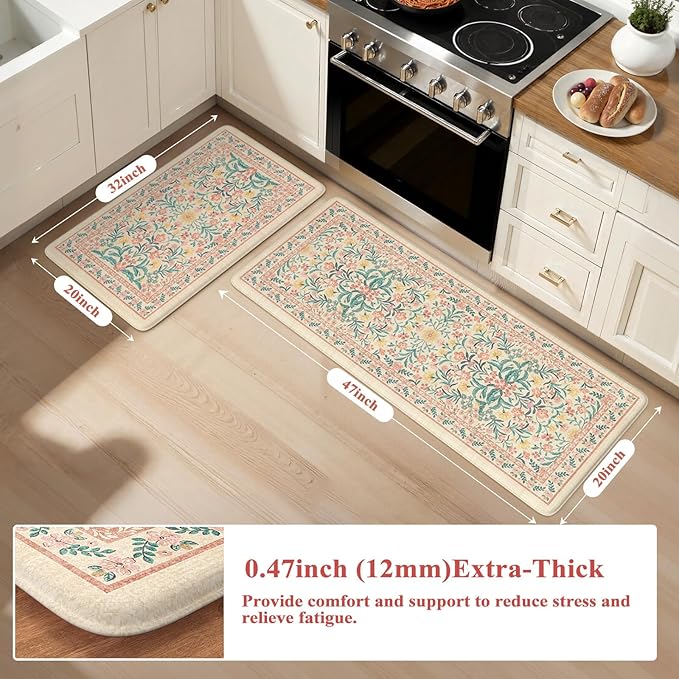 Collive Kitchen Mats Cushioned Anti Fatigue, Waterproof Kitchen Floor Mat Non Slip Desk Rugs Comfort Standing Rug, Pink Floral Carpets for Sink, Office, Laundry, Home Decor, 20" x 47" + 20" x 32"