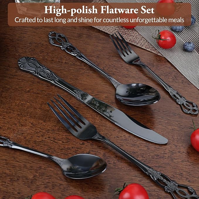 Silverware Set, 30 Pieces Retro Royal Silverware Set for 6, Anti-rust Stainless Steel Flatware Set Including Fork Spoon and Knife, Dishwasher Safe, Black