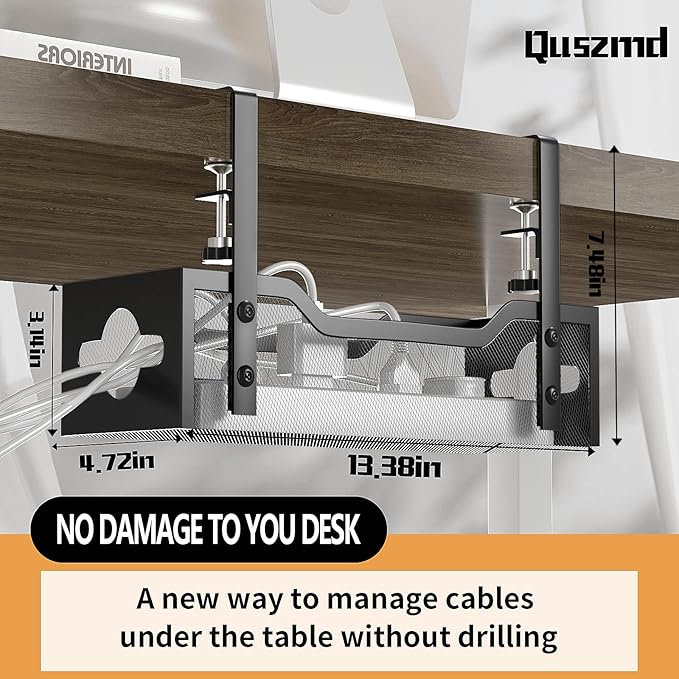 Under Desk Cable Management Tray 13.38", Quszmd Cable Organizer No Drill, Standing Cord Organizer and Wire Management Tray - No Damage to Desk, Black