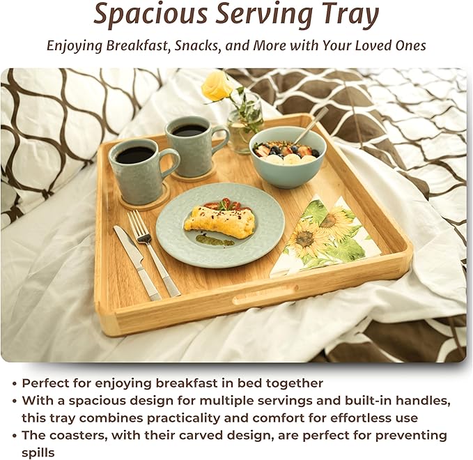 Wooden Ottoman Tray for Living Room – Large 19" Square Serving Tray with Handles & 6 Coasters Set, Ideal for Coffee Table, Couch, Kitchen, Breakfast, Food, Drinks & Home Decor