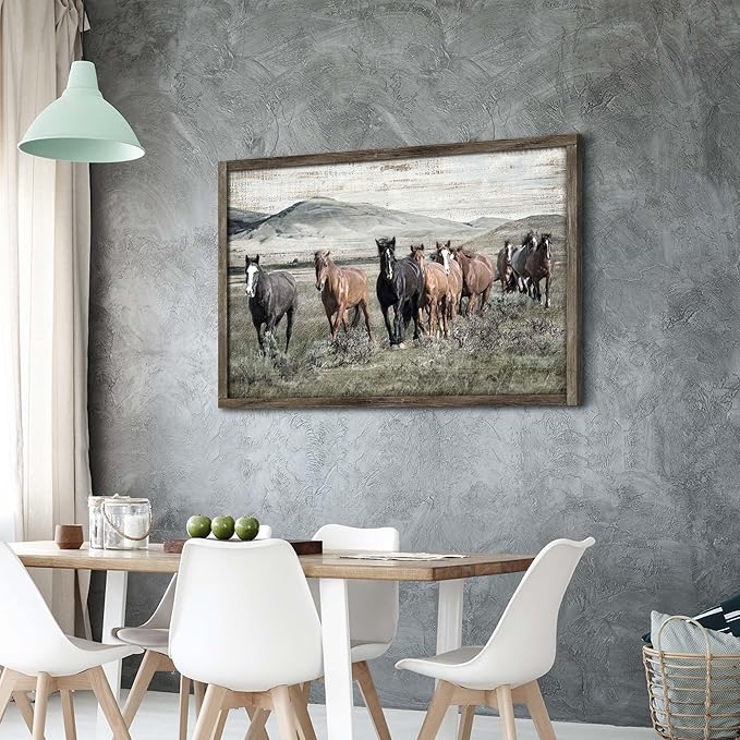 Horse Wall Art Framed Picture: Wild Animal Wooden Print Decor Large Wildlife Painting Artwork for Farmhouse Bedroom Living Room