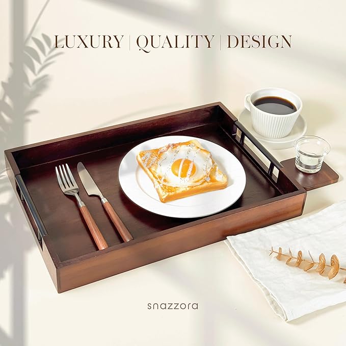 Acacia Wood Serving Tray - Set of 3 with Black Steel Handles 18", 16" & 14" with 6 Coasters - for Coffee Table, Ottoman in Living Room, Breakfast in Bed, Jewelry, Decorative (Vintage Finish)