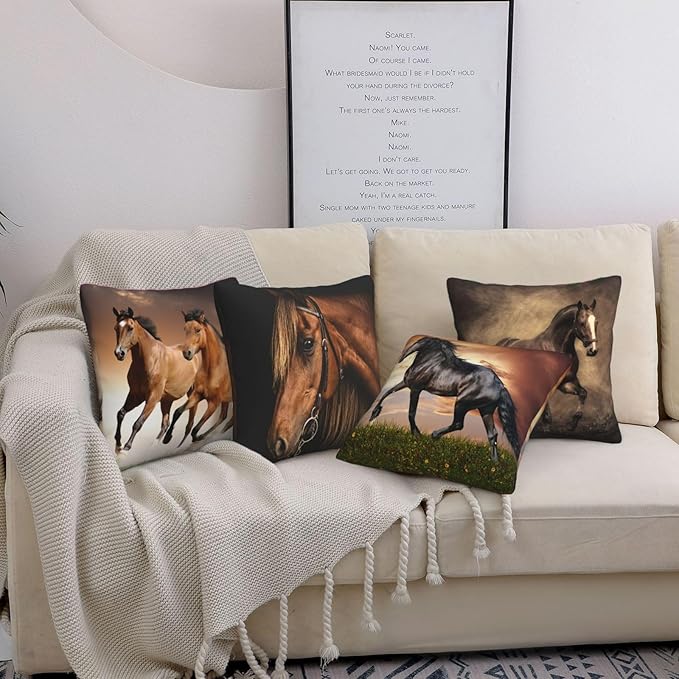 Set of 4 Throw Pillow Covers Horses Running Simply Creative Cartoon Animal Night Decorative Pillow Cases Home Decor Square 18x18 Inches Pillowcases