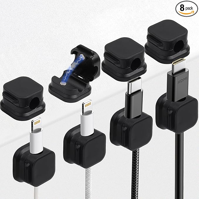 8 Pack Cable Management Clips Home Office Desk Cord Keeper Organizer Accessories Charger Organizer Cord Holder for Nightstand (Black)