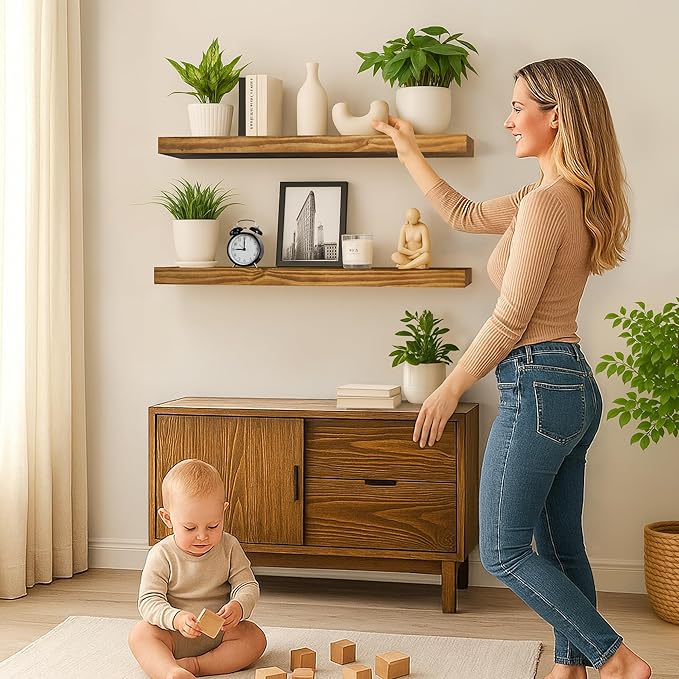 Rustic Floating Shelves 36 inch Long 8 inch deep Set of 2, Solid Wood Wall Shelves for Bedroom Living Room Kitchen,Book Shelf for Wall, Wall Mounted Shelves with Hidden Bracket- Gold Oak