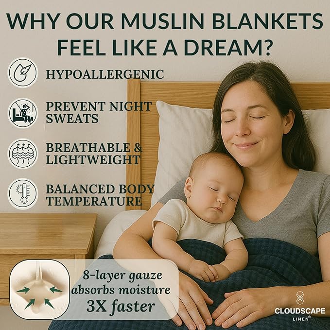 Cloud Scape Linen 100% Cotton 8 Layer Muslin Blanket Twin Size,Lightweight, Breathable Bed Blanket, Suitable for All Season, Cotton Gauze for Couch & Sofa, 68x92, Ensign Blue