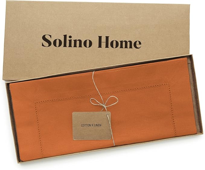 Solino Home Cotton Linen Pumpkin Table Runner 120 Inches Long - Hemstitch 14 x 120 Inch Table Runner - Handcrafted and Machine Washable - Fall, Autumn, Halloween, Thanksgiving