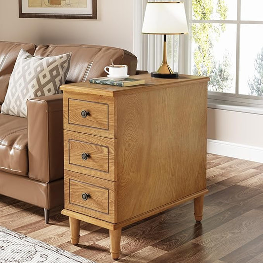 Tribesigns Solid Wood End Table, Fully Assembled Narrow Side Table with Drawers, Pre-Assembled Nightstand Slim Bedside Table for Small Spaces, Living Room, Bedroom