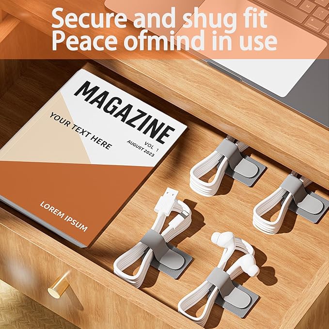 Hook and Loop Cable Straps, Cable Management Under Desk, Adjustable Cord Organizers for Desk, Self Adhesive Cable Ties, Cable Clip,Home Office Essentials, 50PCS (Black+Grey)