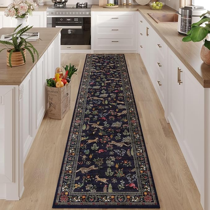 Rugcomf Runners for Kitchen Non Slip 2'x10' Long Washable Runner Rugs with Rubber Backing Soft Floral Animal Carpet Runner for Kitchen, Laundry, Bedroom, Bathroom (Blue)
