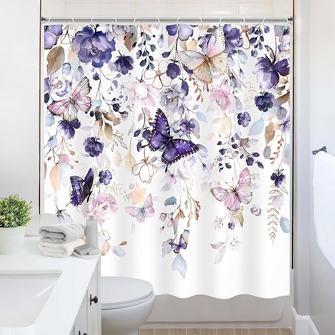 Purple Floral Butterfly Shower Curtain 72Wx72L Inch Summer Spring Plant Natural Gold Leaves Botanical Bathroom Set Girl Woman Elegant Country Bath Curtain Bathtub Accessories Home Decor