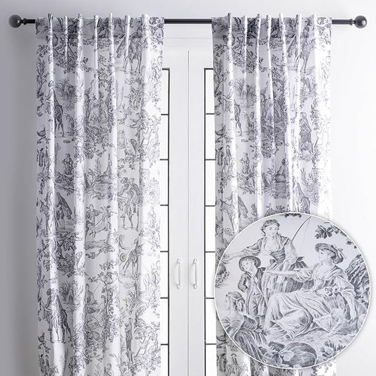 Maison d' Hermine Curtains for Living Room 100% Cotton 96 inch Length Two Panels Light Filtering Toile Curtains with Rod and Loop Pockets (The Miller Paloma Gray (White Background), 50" W x 96" L)