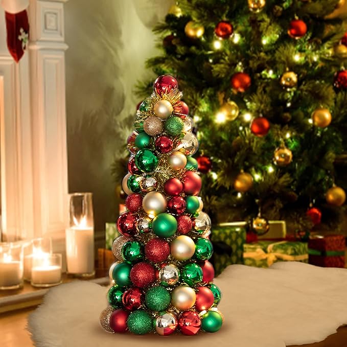 Amooca 16in Christmas Ball Tree with LED Lights Table Centerpiece Fireplace Decor Indoor Holiday Party Home Decoration Red Gold Green
