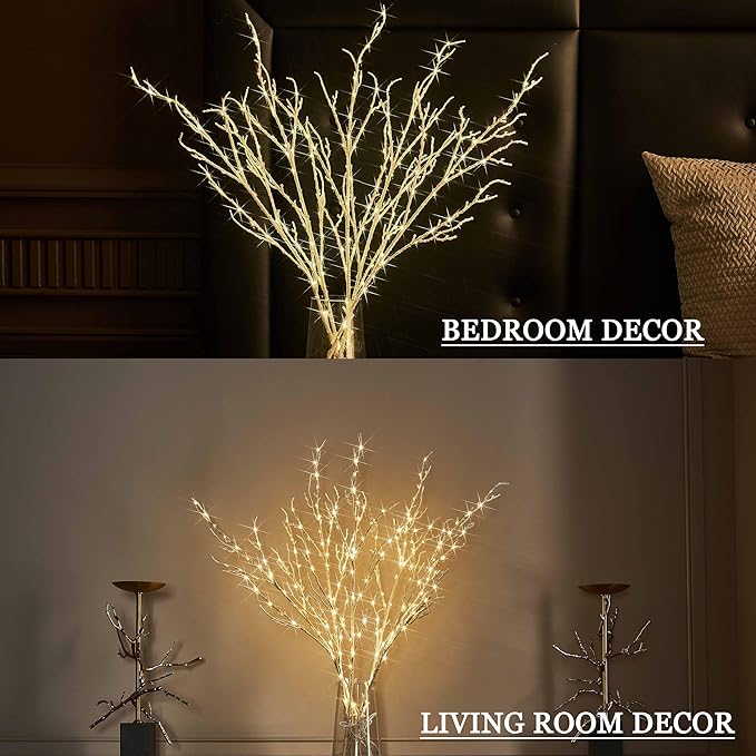 LITBLOOM Lighted White Twig Branches 32IN 200 LED Fairy Lights Plug in with Timer and Dimmer, Artificial Tree Branch with Lights for Holiday Xmas Home Decoration Indoor Outdoor Decor