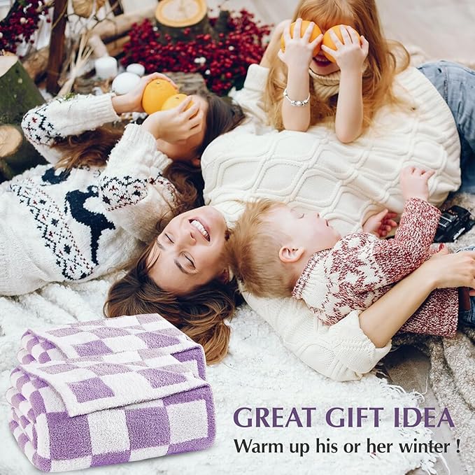 WRENSONGE Checkered Throw Blanket, Purple Soft Cozy Fluffy Warm Hand Made Throw Blankets for Couch, Sofa, Chair, Bed, Camping, Picnic, Travel Lightweight Bed Blanket - 50"*70"