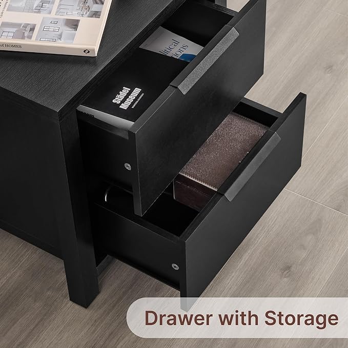 21" Farmhouse Nightstand with Charging Station 2 Drawers Large End Table with Metal Handle Rustic Low Night Stand Wood Dresser for Living Room Bedroom Closet,Black