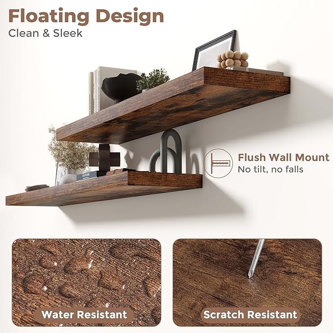 Floating Shelves for Wall with Invisible Brackets, Wall Mounted Engineered Wood Shelves with Wood Grain for Living Room, Bathroom, Kitchen Decor and Storage, Oak, 55"L Set of 2, Rustic Brown