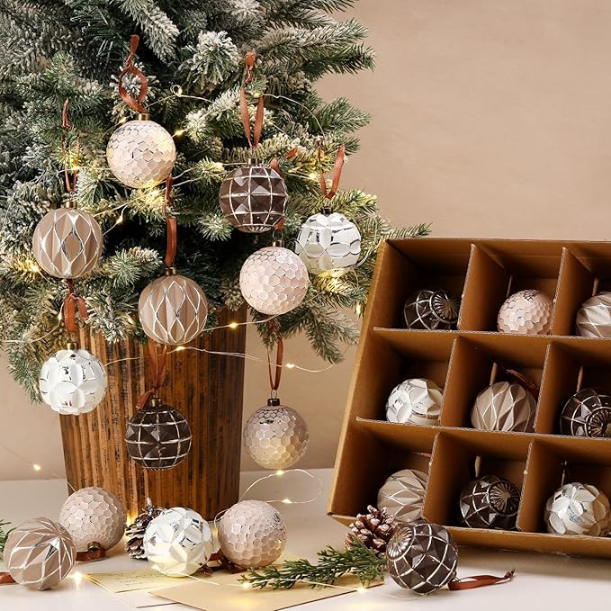 Syhood 24 Pcs Neutral Textured Christmas Ball Ornaments 2.4 Inch Vintage Xmas Tree Decorations Rustic Distressed Xmas Baubles Antique Farmhouse Modern Christmas Decor for Tree Home (Earth Tones)