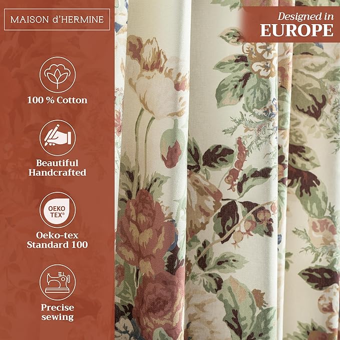 Maison d' Hermine Curtains for Living Room 100% Cotton 108 inch Length One Panel Light Filtering Curtains for Bedroom Windows with Rod and Loop Pockets Drapes (Abbeville, 50" W x 108" L)