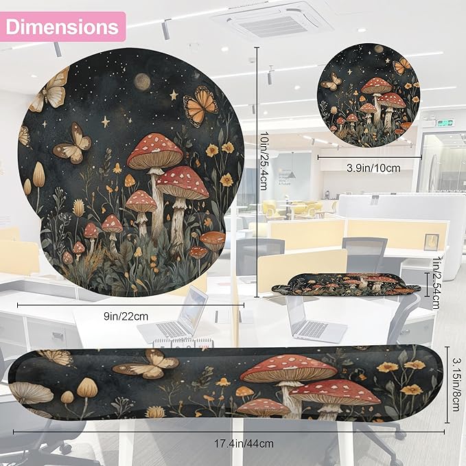 Mushroom Flower Butterfly Magic Mouse Pad with Wrist Rest and Keyboard Wrist Rest Set, Non-Slip Rubber Base Memory Foam Mouse Pad Set for Women, Office Desk Accessories, Gaming