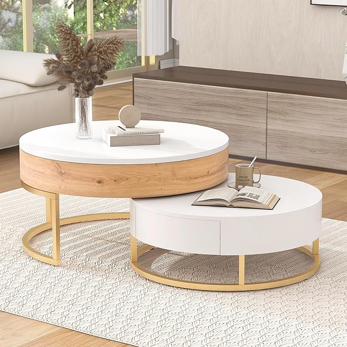 Modern Round Lift-top Nesting Coffee Tables with 2 Drawers for Living Room White & Natural
