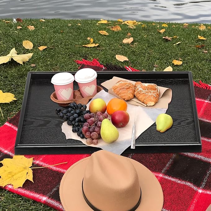 28 x 18 Inches Extra Large Solid Wood Serving Tray for Tea Coffee Table Snack Food Meals Serving Plate Kitchen Party Bar Breakfast Server with Raised Edges Black Wooden Decorative Ottoman Tray