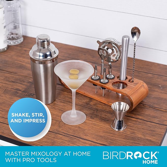 BIRDROCK HOME 10 Piece Professional Bartender Cocktail Mixing Set with Acacia Wood Stand | Stainless Steel Bar Tools for Home | Gift for Him | Includes Shaker, Muddler, Strainers, Jigger, and Spoon