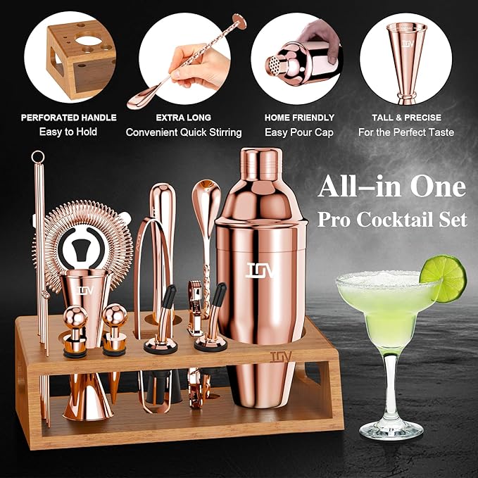 IOV Cocktail Shaker Set Bartender Kit with Stand | Bar Set Drink Mixer Set Includes Martini Shaker, Jigger, Strainer, Mixing Spoon, Muddler, Recipe Book | Home Bar Accessories Gift Set (Rose Gold)