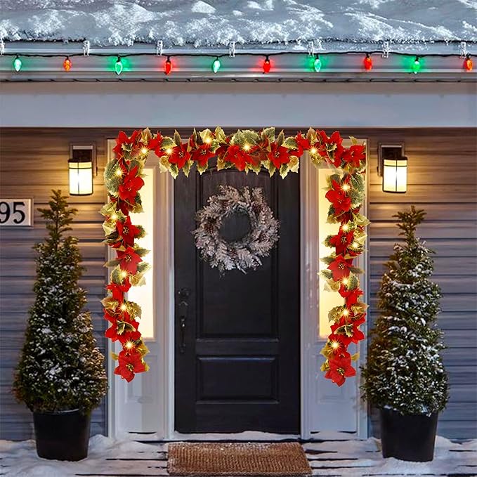 Glintoper Christmas Poinsettia Garland, 5.9 FT Lighted Artificial Garlands with 36 Red Flowers, Battery Operated with Timer Poinsettia String Lights, Light up for Xmas New Year Home Decor