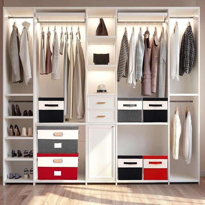 Large Linen Fabric Foldable Storage Bins with Removable Lid and Handles, Washable Storage Box Organizer Containers Baskets Cube with Cover for Bedroom,Closet,Office(Black&White, Large(2-Pack))