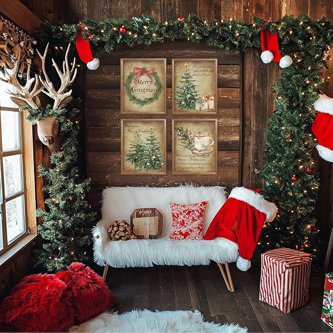 ETVISO Vintage Christmas Wall Art Prints Set of 4, Retro Christmas Trees Garland Poster, Winter Holidays Gift Print Decor for Gallery, Living Room, Bathroom, 8x10 (Unframed)