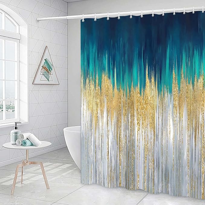 JAWO Abstract Teal Blue Shower Curtain, Lake Blue Boho Ombre Minimalist Chic Art Shower Curtains, Modern Neutral Contemporary Striped Brush Strokes Tan Art Waterproof Bathroom Curtain with 12 Hooks