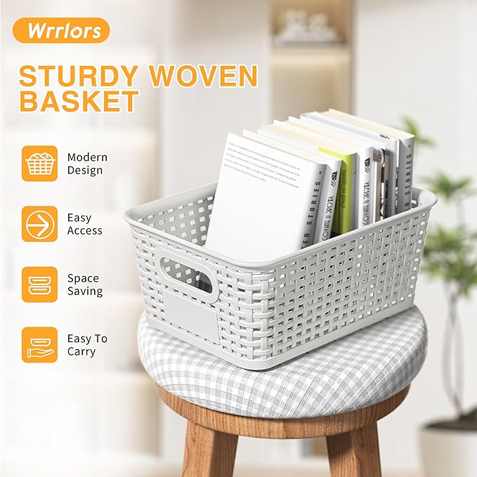 White Plastic Storage Baskets - Pack of 8 with Labels Stackable Durable Storage Bins, Storage Containers for Organizing Desktops, Closets, Playrooms, Classrooms, Offices
