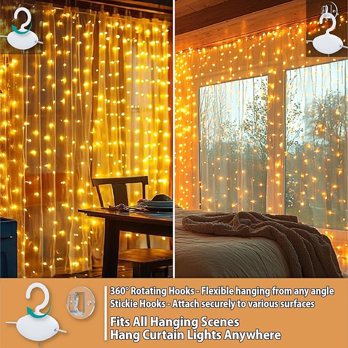 HXWEIYE 300LED Fairy Curtain Lights, 9.8x9.8Ft Warm White USB Plug in 8 Modes Christmas String Hanging Lights with Remote for Bedroom, Indoor, Outdoor, Weddings, Party