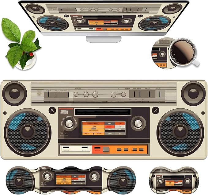 4 in 1 Ergonomic Memory Foam Mouse Pad Wrist Rest Set, Large XXL Gaming Desk Pad + Keyboard Wrist Rest + Mouse Wrist Cushion + Coaster for Home Office Study Gaming, Vintage Tape Recorder