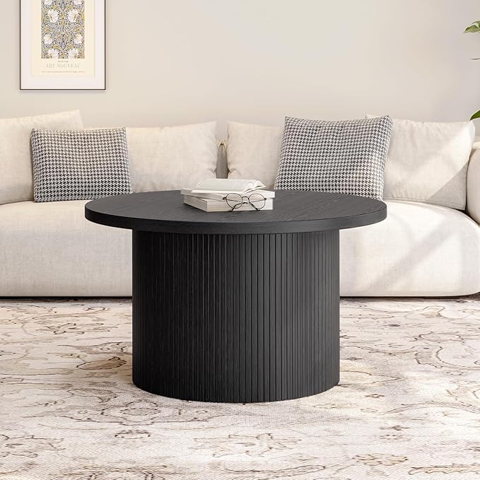 ONBRILL 31.5" Round Coffee Table, Tambour Design Coffee Tables for Living Room, Mid Century Modern Wood Coffee Table, Drum Accent Small Center Table, Black