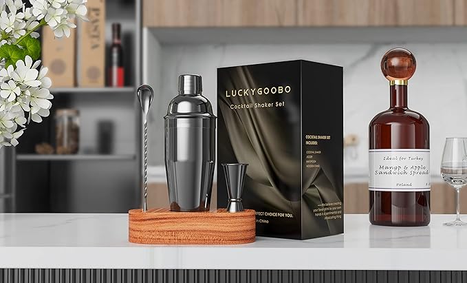 Cocktail Shaker Set,24 oz Martini Shaker,Bartender Kit with Stand,Stainless Steel Martini Mixer Built-in Strainer,Bar Tool Set,Drink Shaker,Fun Gifts. (Black)