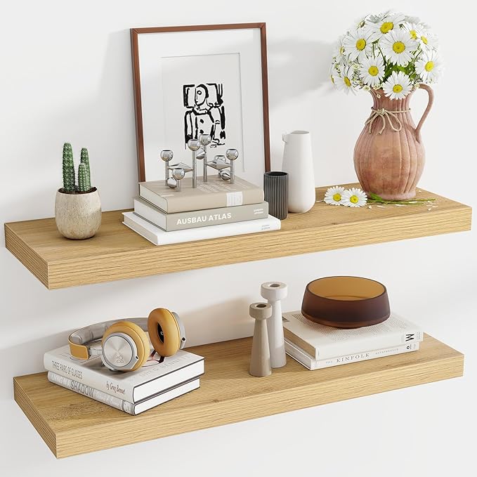 36 Inch Floating Shelves, 12 Inch Deep Floating Shelves for Wall, Floating Shelf with Invisible Brackets, Deep Shelves for Bathroom, Bedroom, Living Room, 2 Pack, Natural