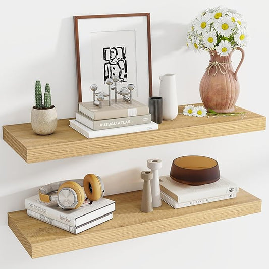 36 Inch Floating Shelves, 12 Inch Deep Floating Shelves for Wall, Floating Shelf with Invisible Brackets, Deep Shelves for Bathroom, Bedroom, Living Room, 2 Pack, Natural
