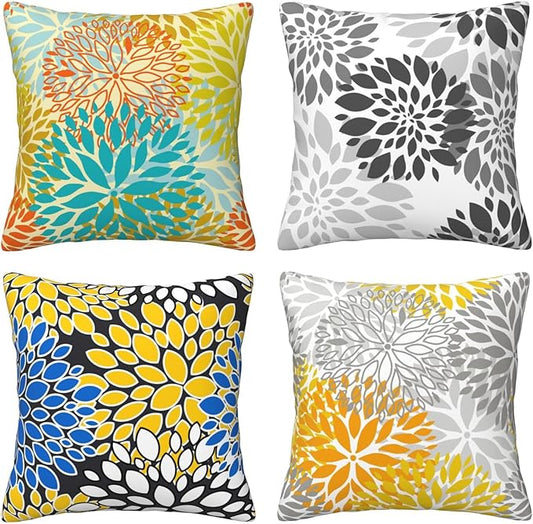 Yellow Teal Dahlia Throw Pillow Covers 18x18 Inch Set of 4 Gray White Floral Cushion Covers Modern Geometric Home Decorative Soft Plush Cushion Cases for Bed Couch Sofa Living Room Decor