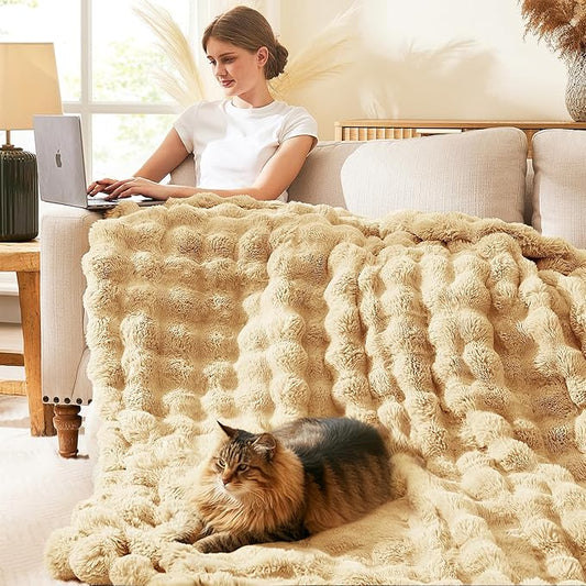 L'AGRATY Faux Rabbit Fur Blanket: 90" x 90" Queen Luxury Soft Fluffy Thick Fur Throw Blanket for Couch Bed - Cozy Plush Bubble Blankets for Winter: Flannel Fleece Decorative Blanket(Milk Tea Brown)