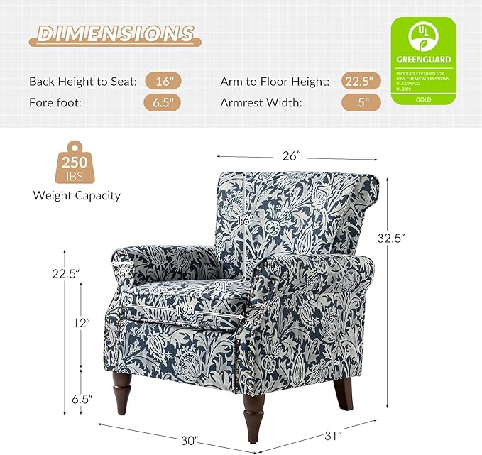HULALA HOME Modern Wingback Accent Chair with Wood Legs & Removable Cushion, Comfy Upholstered Armchair with Nailhead Trim, Floral Pattern Single Sofa Chair for Living Room Bedroom, Navy
