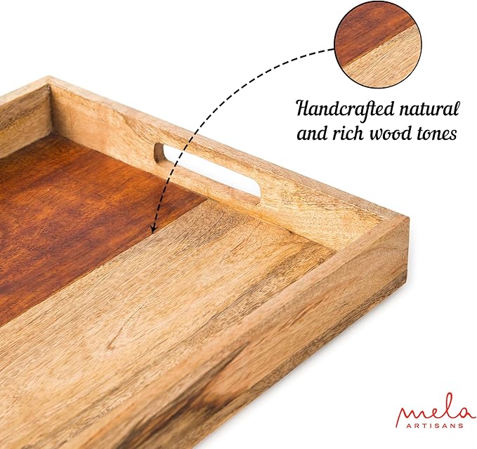 Mela Artisans Wooden Serving Tray with Handles | 15x10x1.75 inch | Mango Wood Decorative Tray | Ottoman Tray | Snacks | Desserts | Breads | Coffee Table | Bedroom | Rectangular Edge Design