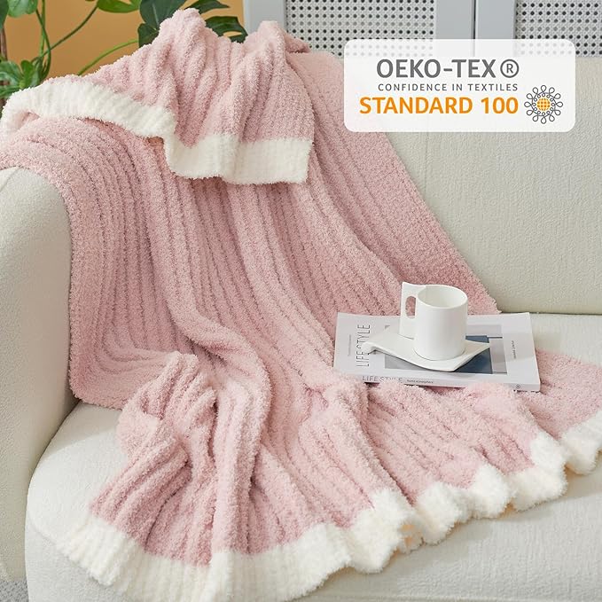 Snuggle Sac Fluffy Ribbed Blanket Pink Twin Size, Soft Luxurious Knit Throw, Fuzzy Plush Microfiber Blankets for Couch, Sofa, Bed, Pink, 60x80 inches
