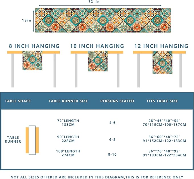 Boho Bohemian Table Runner 90 Inches Long, Vintage Seasonal Table Runners for Party Kitchen Dining Coffee Table Bedroom Dressers Indoor Outdoor, Machine Washable (Bohemian B, 13” x 90”)