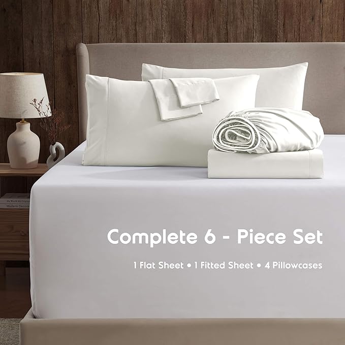 Nestl Extra Deep Queen Sheet Set - 6 Piece Breathable & Cooling Sheets - Hotel Luxury Bedding Set w/18-24 Inch Deep Pockets - Easy & Secure Fit - Super Soft, Wrinkle Free & Comfy - Off White