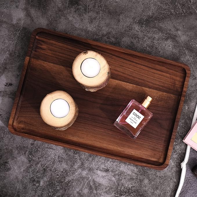 Rustic Walnut Wood Serving Tray, 13"x9" Rectangle Platter, Tea/Coffee Table Tray, Kitchen Decor, Wood Dessert Cup & Vanity Tray for Jewelry