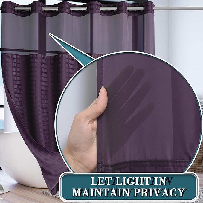 Conbo Mio Extra Wide No Hook Shower Curtain with Snap in Liner Set, 108" x 74" Hotel Luxury Purple Shower Curtains for Bathroom with See Through Top Window, Waterproof, Washable 108W x 74H