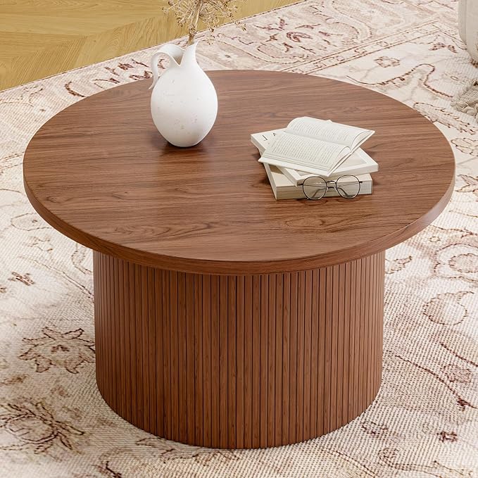 ONBRILL 31.5" Round Coffee Table, Tambour Design Coffee Tables for Living Room, Mid Century Modern Wood Coffee Table, Drum Accent Small Center Table, Walnut